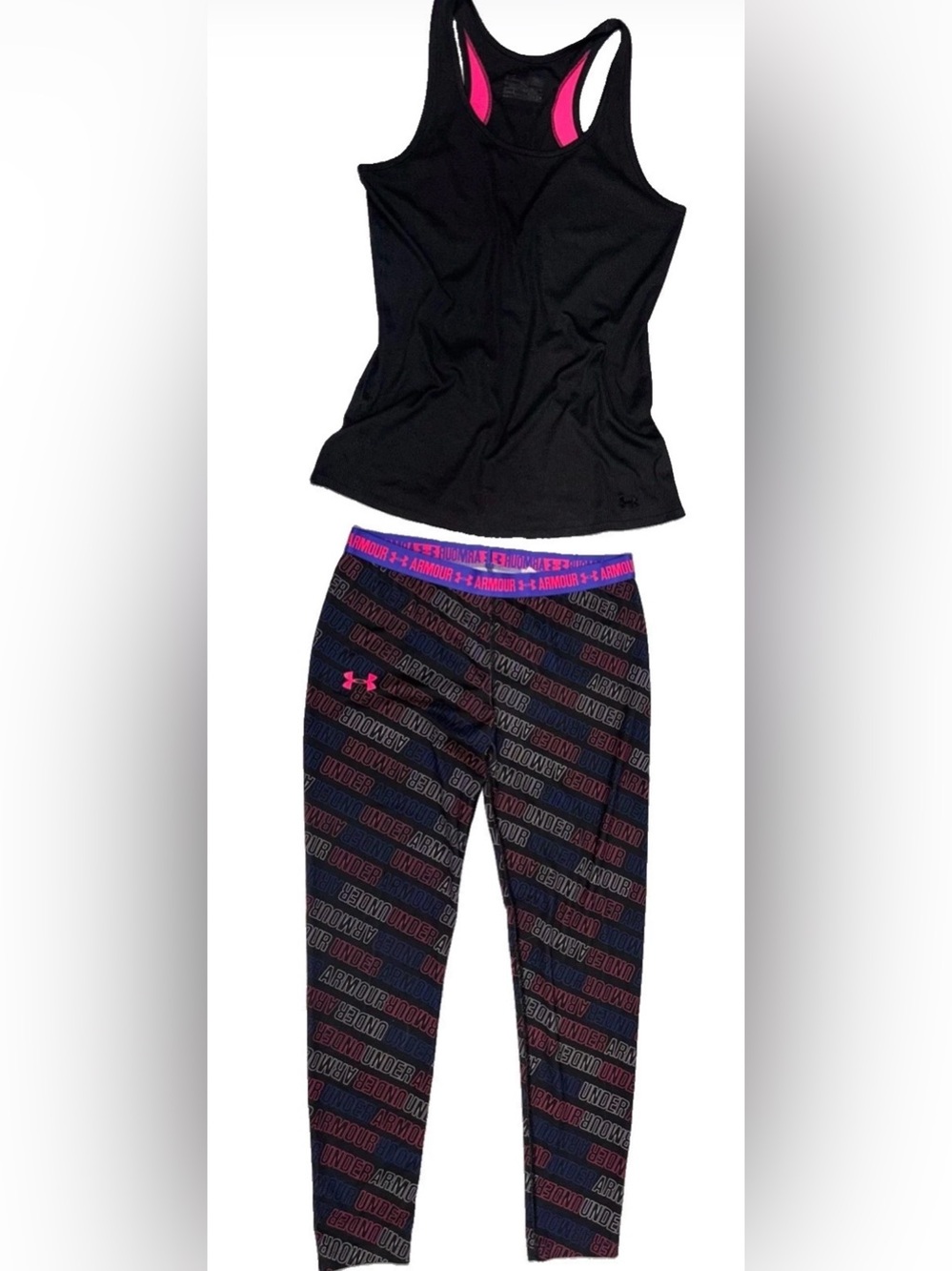 Under Armour 2 PC Athleisure Set Ribbed Black Tank AOP Text Leggings Woman SZ.M
